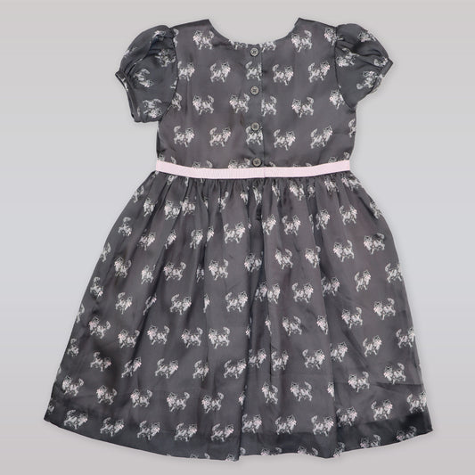 Rachel Riley Girls Grey Pink Cat Print Cotton Party Dress