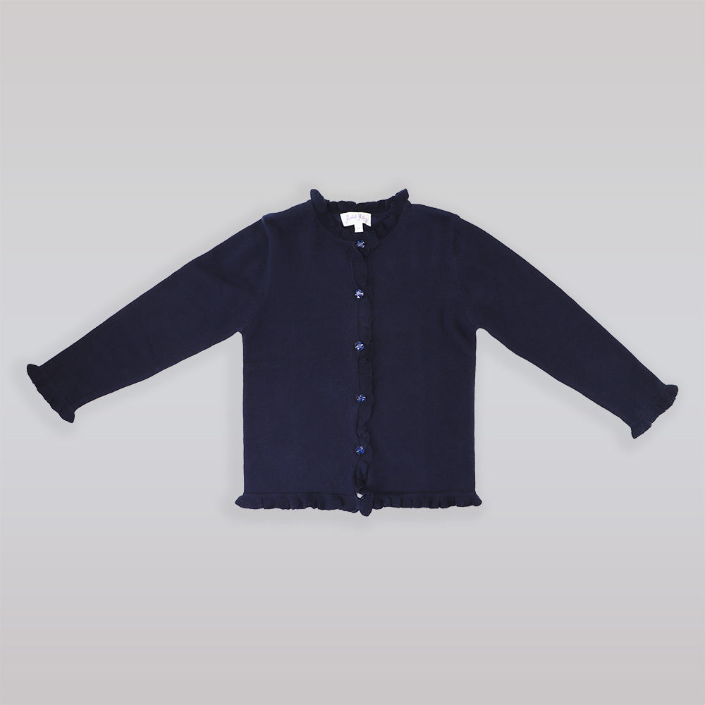 Rachel Riley Girls Navy Blue Frill Trim Cotton Cardigan