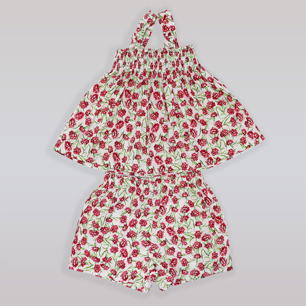 Rachel Riley Carnation Print Cotton Pajama Set in White and Red