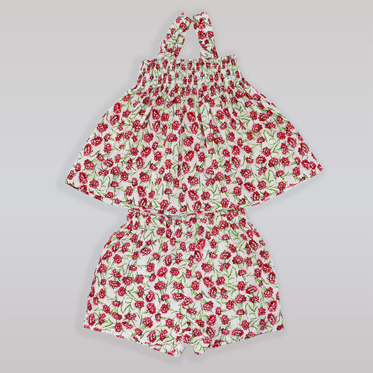 Rachel Riley Carnation Print Cotton Pajama Set in White and Red
