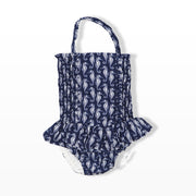 Rachel Riley Girls Seahorse Print Ruched One Piece Swimsuit Navy Ivory