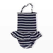 Rachel Riley Girls Navy and Ivory Striped Ruched Swimsuit