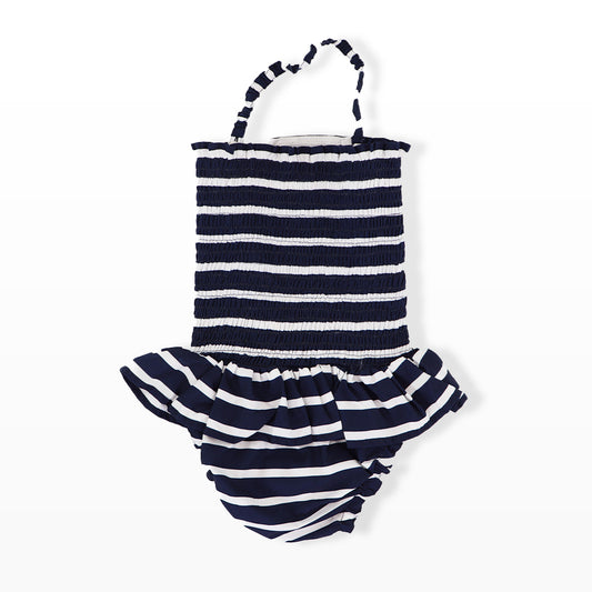 Rachel Riley Girls Navy and Ivory Striped Ruched Swimsuit