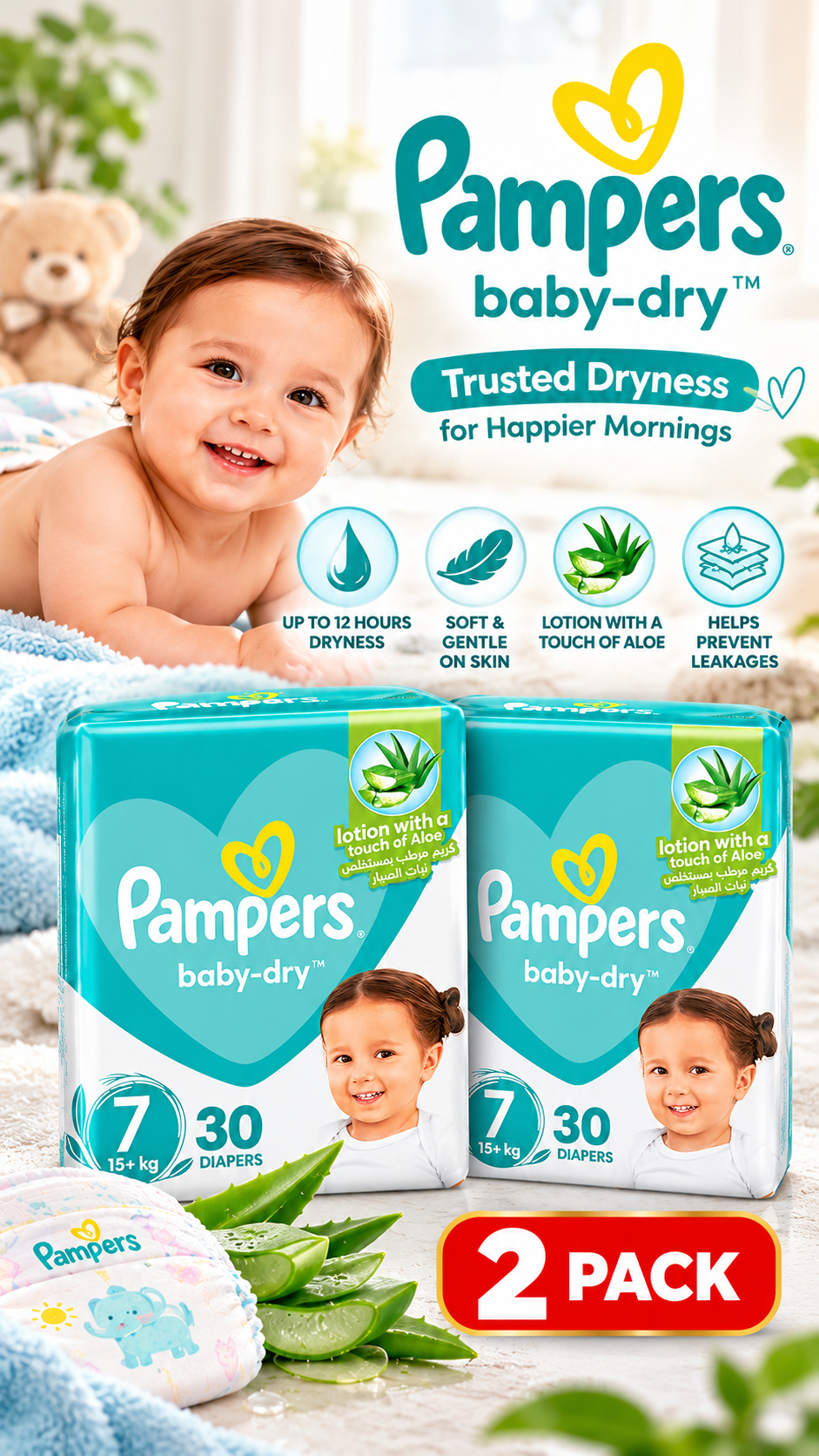 Pampers Mega Rash Protect Size 7 – 2× 30 Diapers, 60PC Value Pack