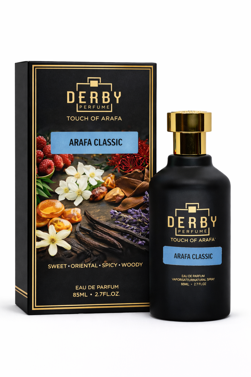 Derby perfume bottle and packaging on a white background