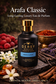 Arafa Classic perfume bottle with ingredients on a dark background