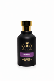 Black perfume bottle with gold cap and 'Derby' branding on a white background