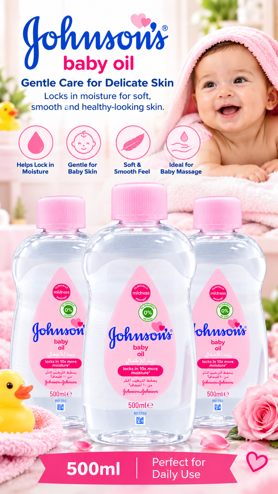 Johnson’s Baby Oil 500ml x 3pcs – Baby Massage & Moisturizing Oil