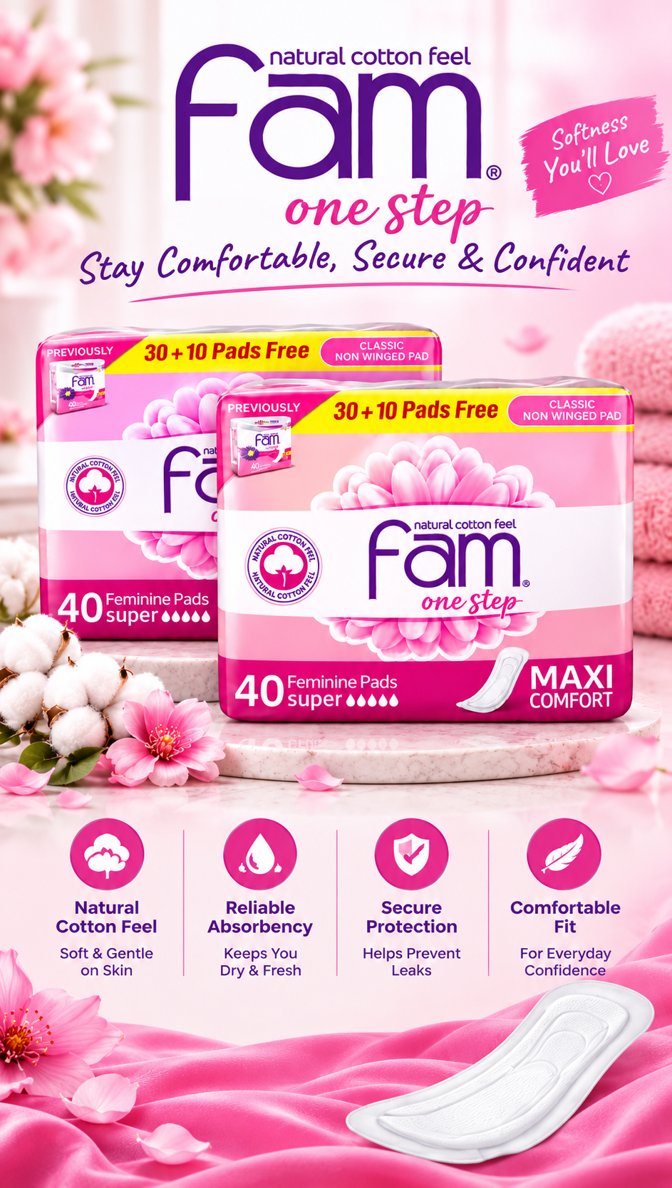Fam Maxi Pads One Step Pink 40PC x 2pack  – Comfortable Everyday Protection