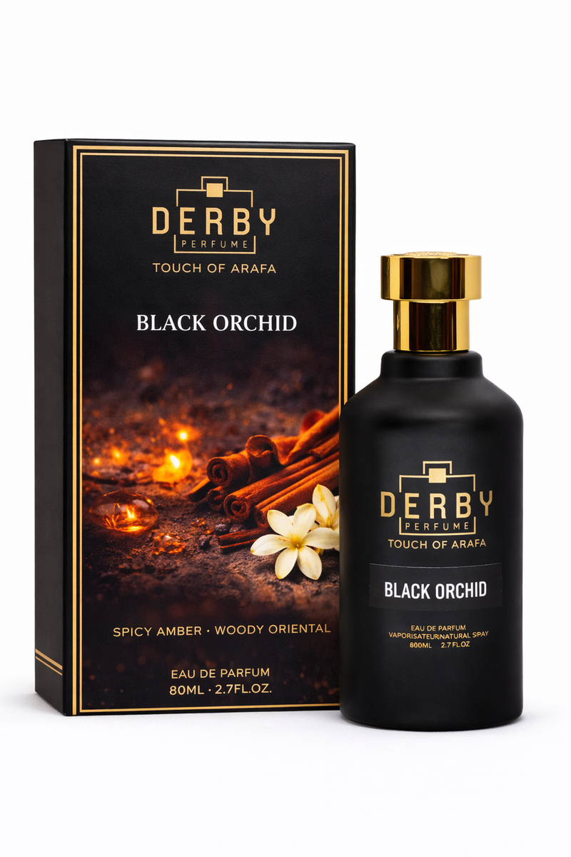 Black orchid perfume bottle and packaging with 'Derby' branding on a white background