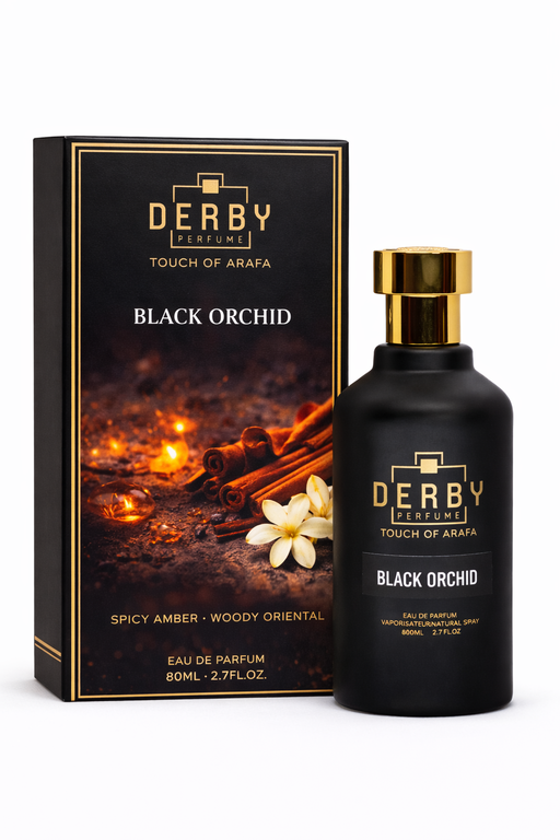 Black orchid perfume bottle and packaging with 'Derby' branding on a white background