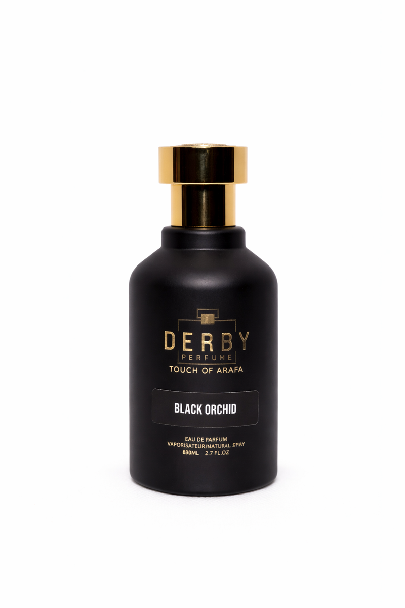 Black perfume bottle with gold cap labeled 'Derby' on a white background