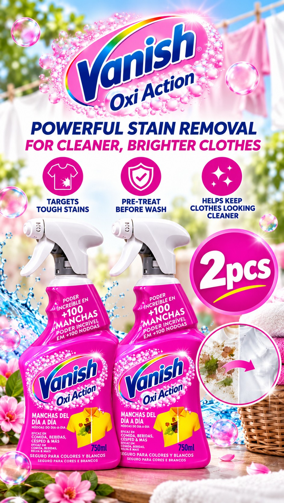 Vanish Pink Stain Remover Spray 750ml x 2pcs  – Powerful Pre-Treat Cleaning
