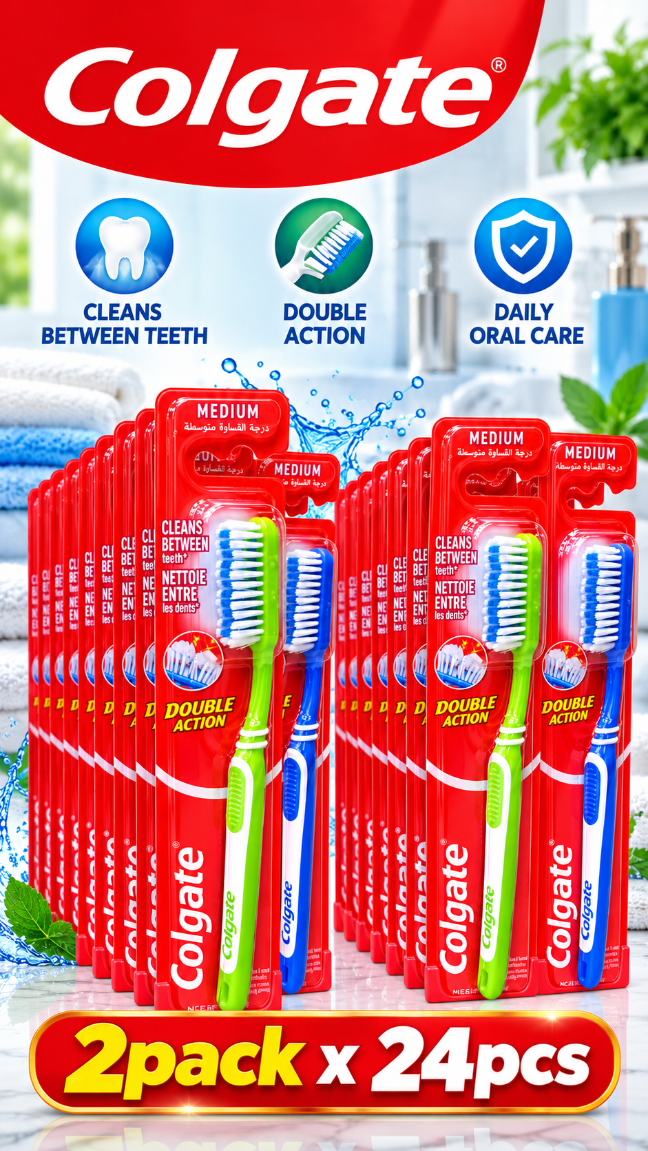 Colgate Double Action Toothbrush – Effective Everyday Cleaning 2pack x 24pcs