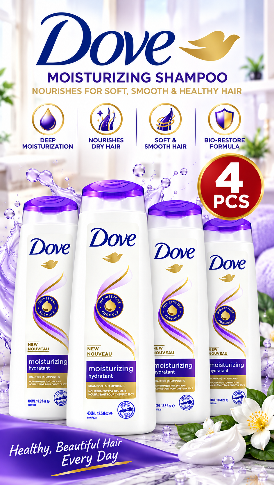 Dove Shampoo 400ml  x 4pcs – Moisturizing Care for Dry Hair