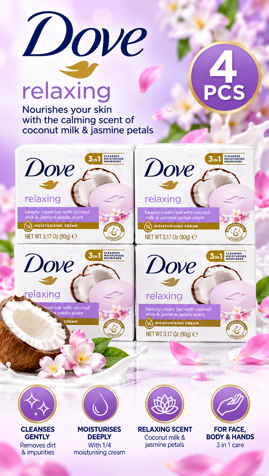 Dove Relaxing Coconut Milk Beauty Bar Soap 90g 4pcs