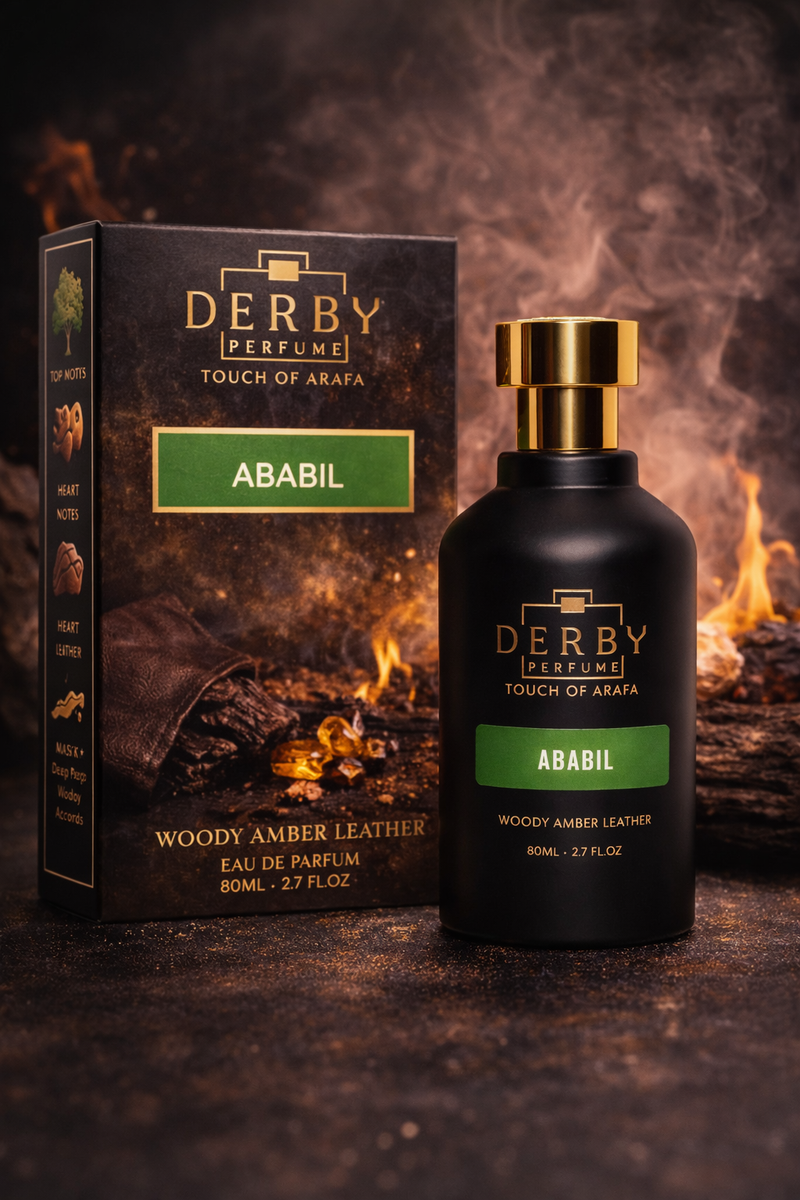 Derby perfume bottle and packaging with 'Ababil' on a dark background