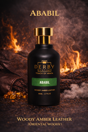 Black perfume bottle with gold cap labeled 'Ababil' by Derby Perfume on a dark background with flames and leather.