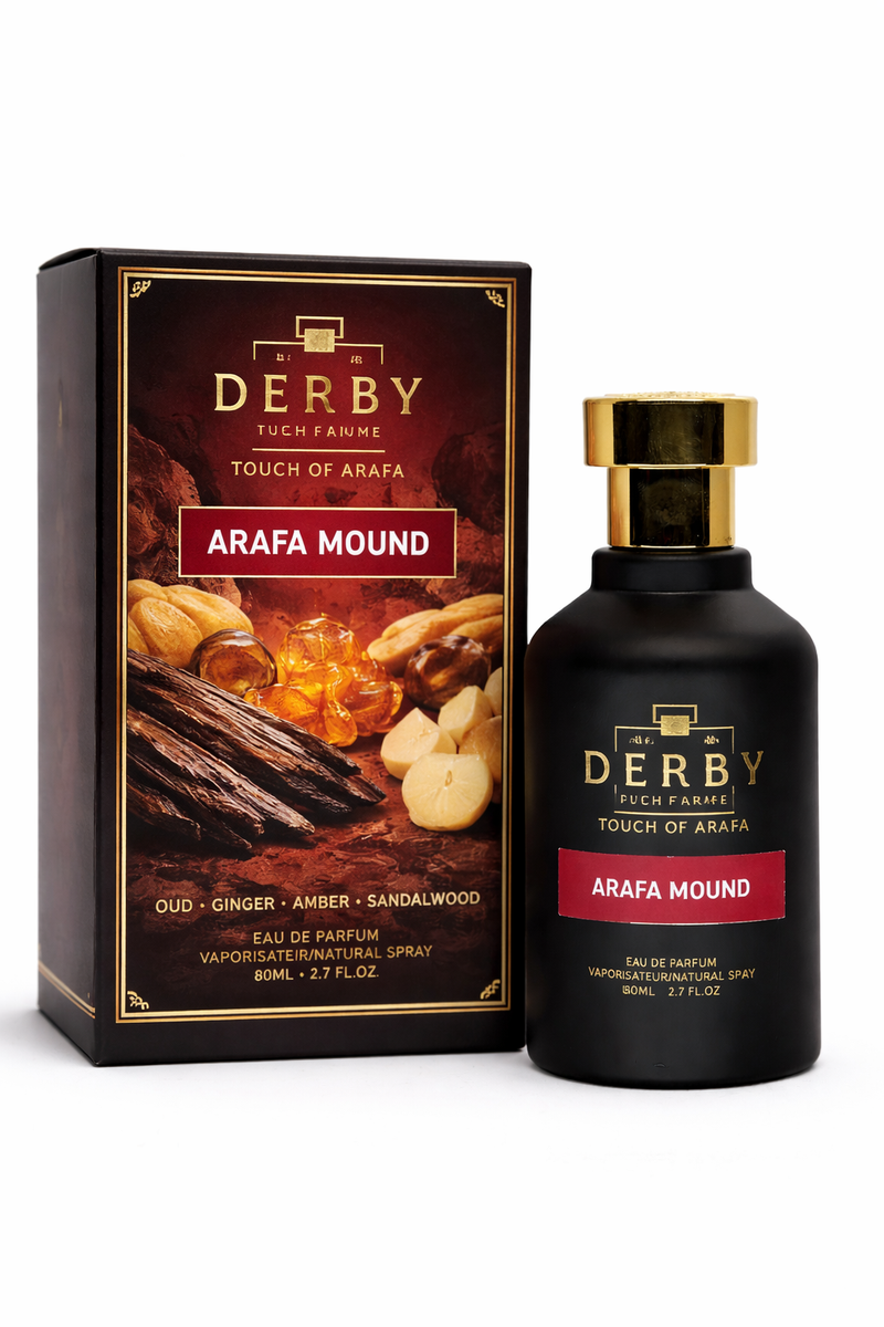 Derby Arafa Mound perfume bottle and packaging on a white background