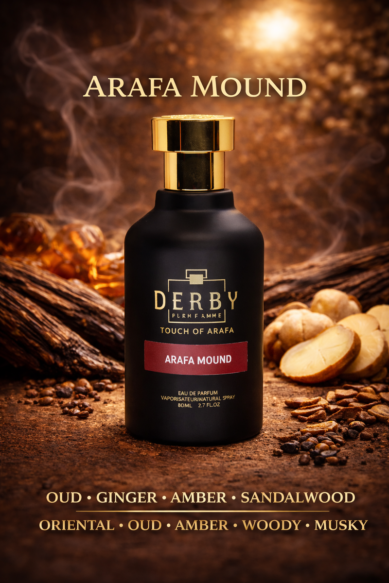 Derby perfume bottle with Araf Mound fragrance on a wooden background