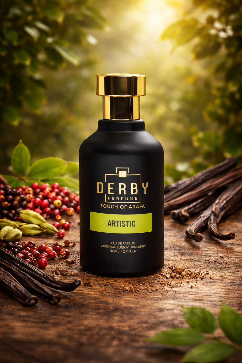 Black perfume bottle with gold cap on a wooden surface with vanilla beans and berries, surrounded by green leaves.