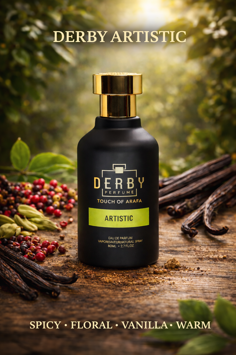 Derby Perfume bottle with vanilla beans and spices on a wooden surface