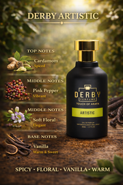 Derby Artistic perfume bottle with flavor notes on a wooden background