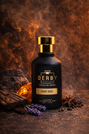 Black perfume bottle labeled 'Derby' with gold cap on a dark background with smoke and spices.