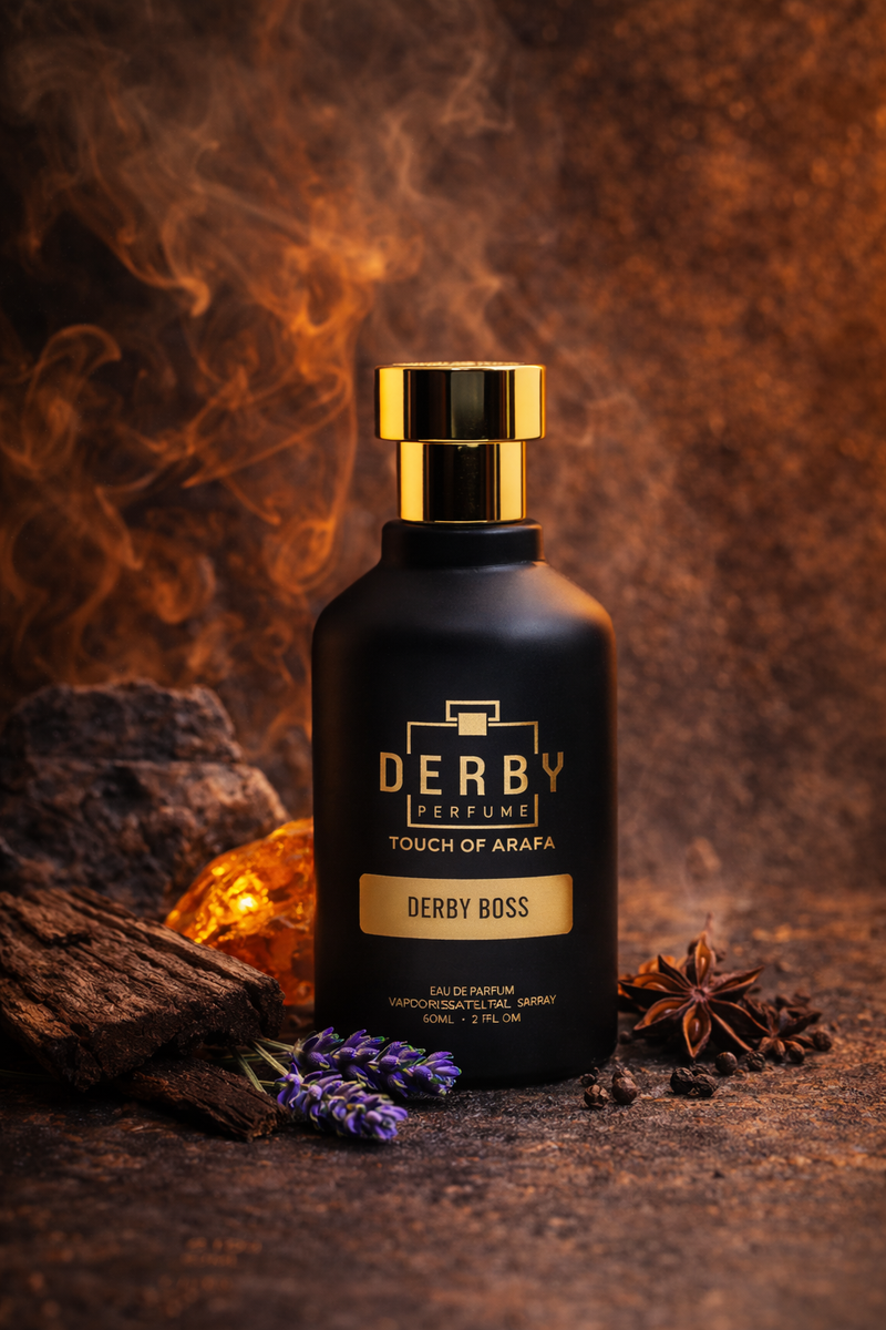 Black perfume bottle labeled 'Derby' with gold cap on a dark background with smoke and spices.