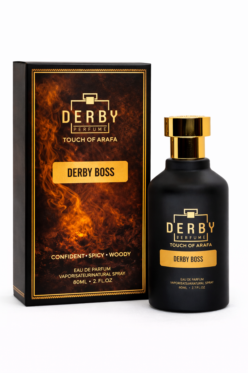 Derby Perfume bottle and packaging on a white background