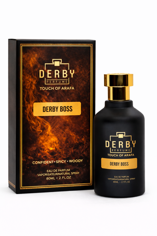 Derby Perfume bottle and packaging on a white background