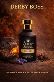 Derby Boss perfume bottle with spices and lavender on a warm-toned background