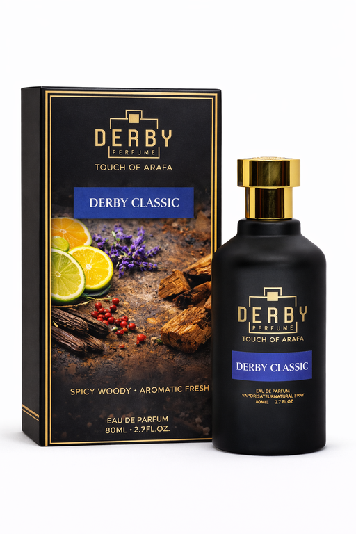 Derby perfume bottle and packaging on a white background