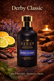 Derby Classic perfume bottle with spices, citrus, and lavender on a dark background