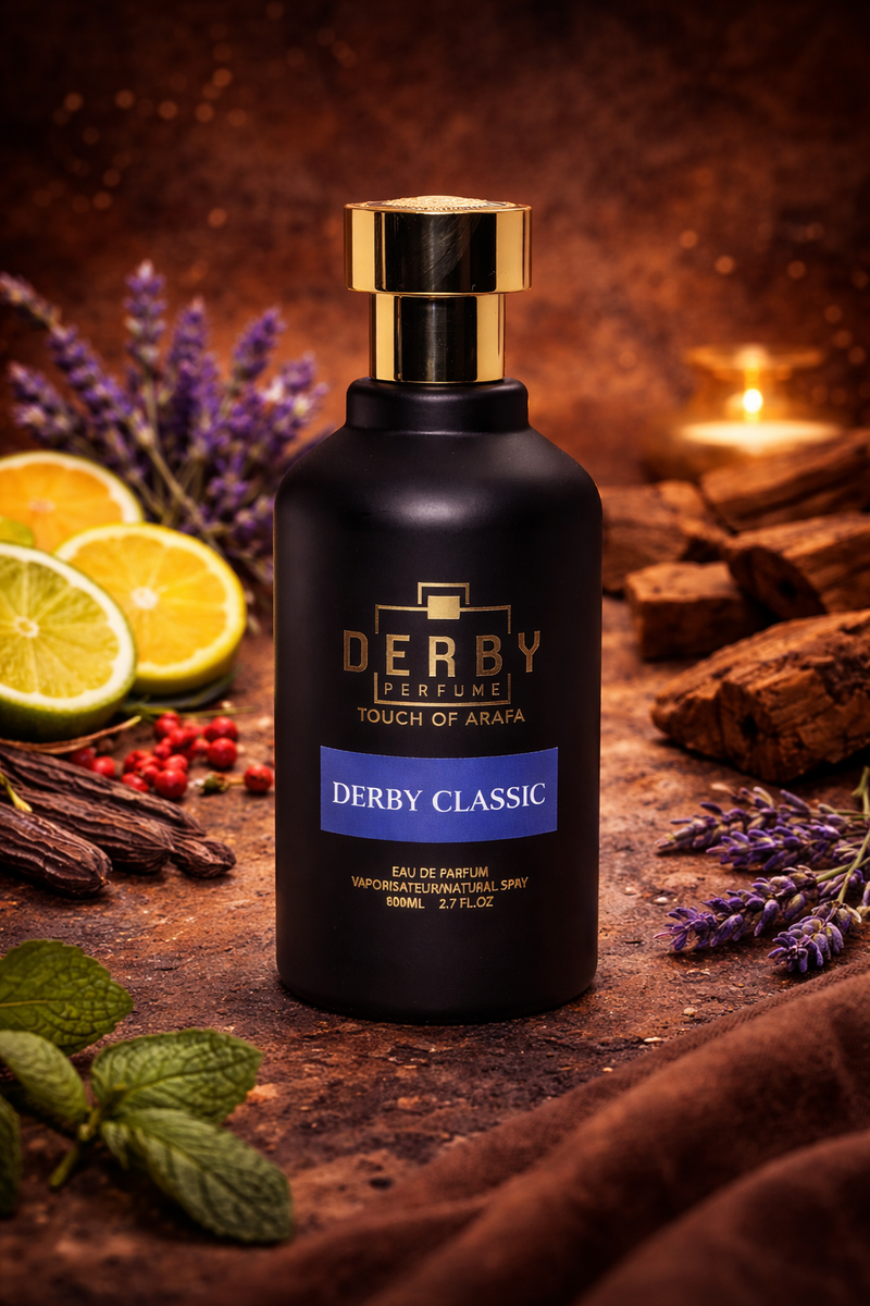 Derby perfume bottle with decorative elements on a wooden surface