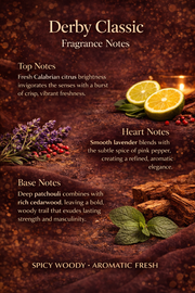 Fragrance notes description with citrus, lavender, and cedarwood imagery on a dark background.
