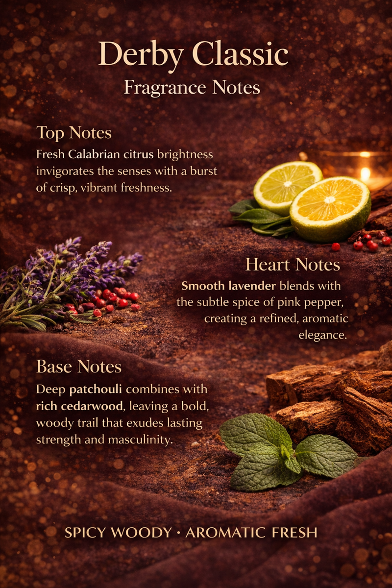 Fragrance notes description with citrus, lavender, and cedarwood imagery on a dark background.