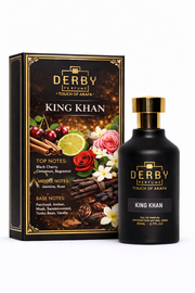 Derby Perfume King Khan perfume bottle and packaging on a white background