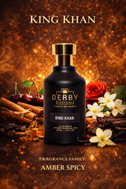Perfume bottle labeled 'King Khan' by Derby Perfume on a decorative background with flowers and spices.