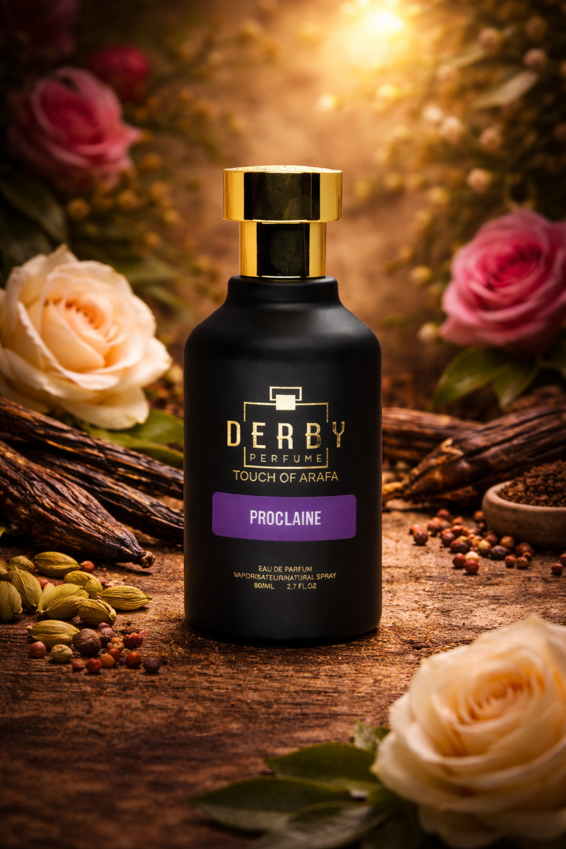 Derby Perfume bottle with gold cap on a wooden surface with flowers and spices