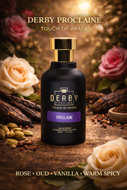 Derby Proclaine perfume bottle with roses and vanilla beans on a wooden surface