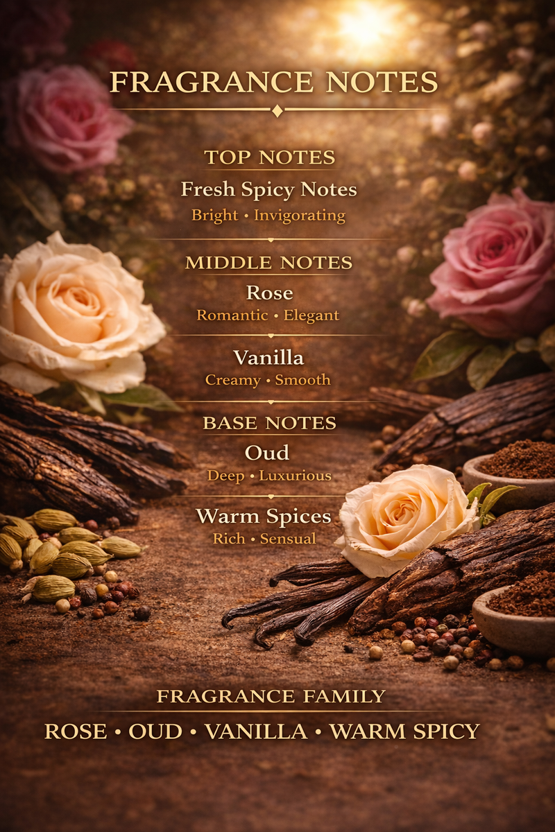 Fragrance notes card with roses, vanilla beans, and spices on a wooden background