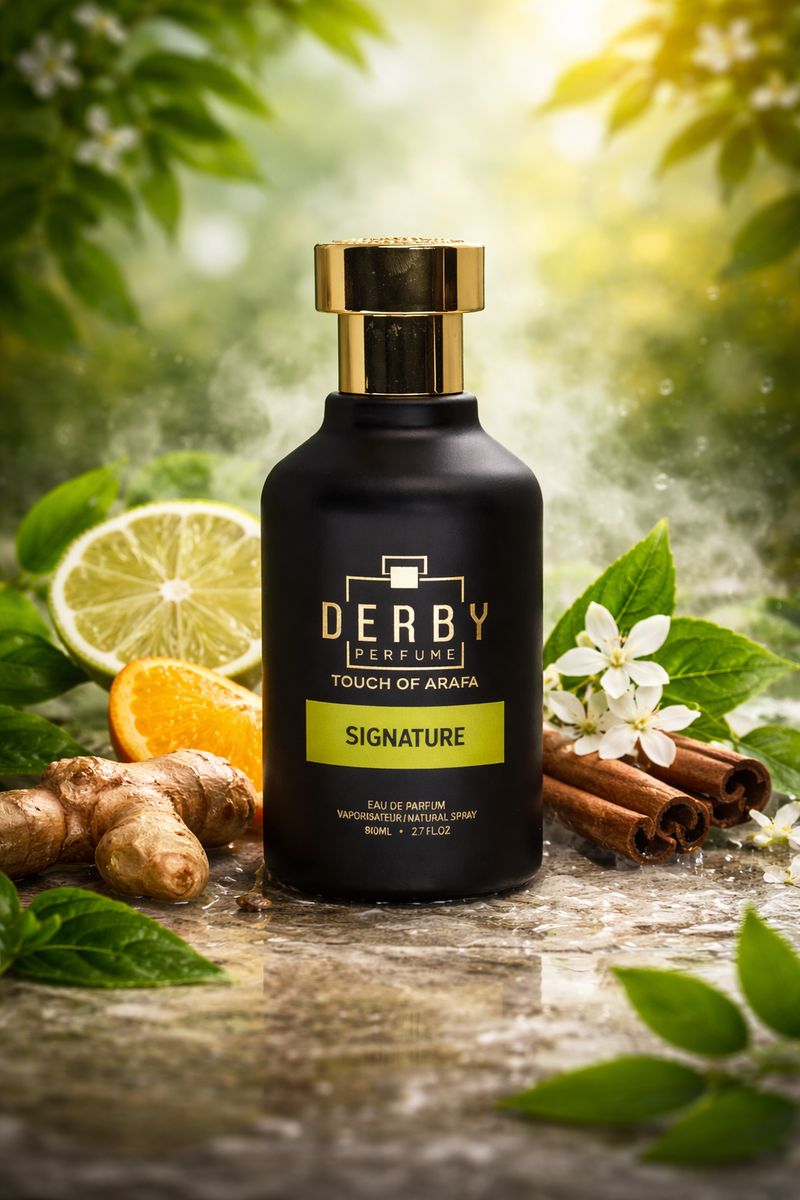 Derby perfume bottle with natural elements like citrus fruits and leaves on a blurred green background