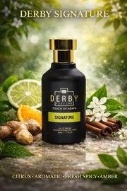 Derby Signature perfume bottle with natural elements like citrus, spices, and flowers on a blurred green background.