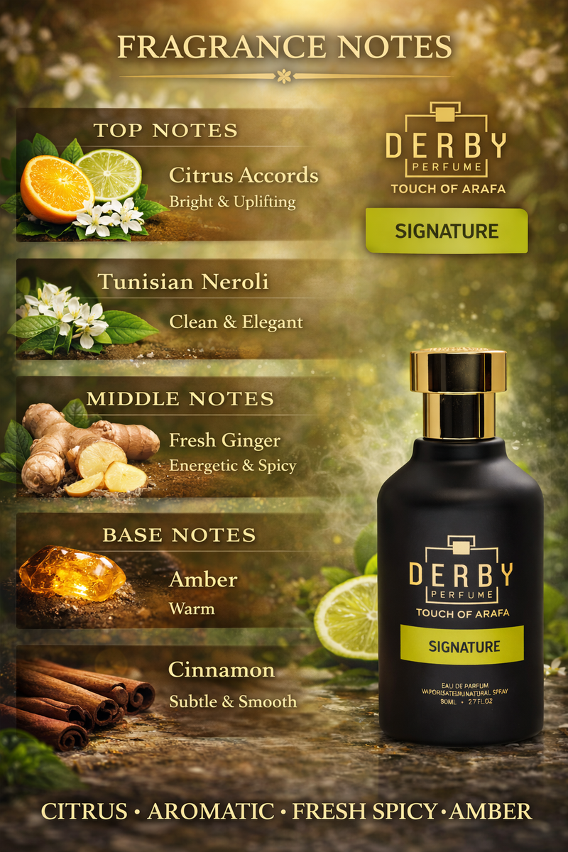 Derby perfume bottle with fragrance notes on a natural background