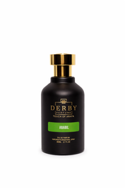 Black perfume bottle with gold cap labeled 'Derby' on a white background