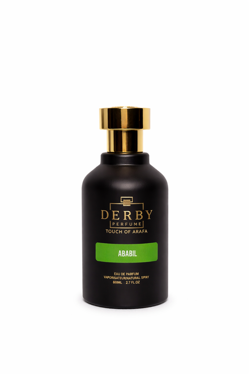 Black perfume bottle with gold cap labeled 'Derby' on a white background