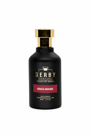 Black perfume bottle with gold cap labeled 'Derby Reserve' on a white background