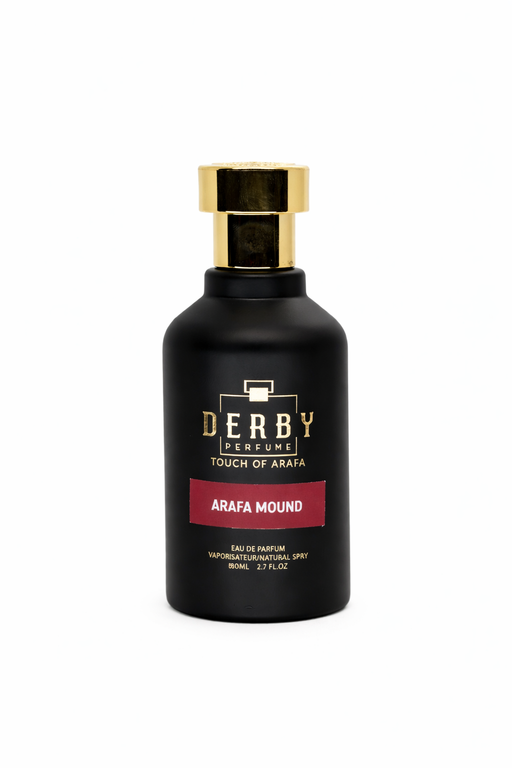 Black perfume bottle with gold cap labeled 'Derby Reserve' on a white background