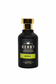 Black perfume bottle with gold cap labeled 'Derby' on a white background